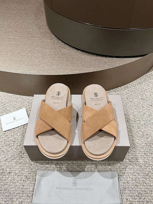 Brunello Cucinelli Casual-style Camel Cross-strap Slide Sandals