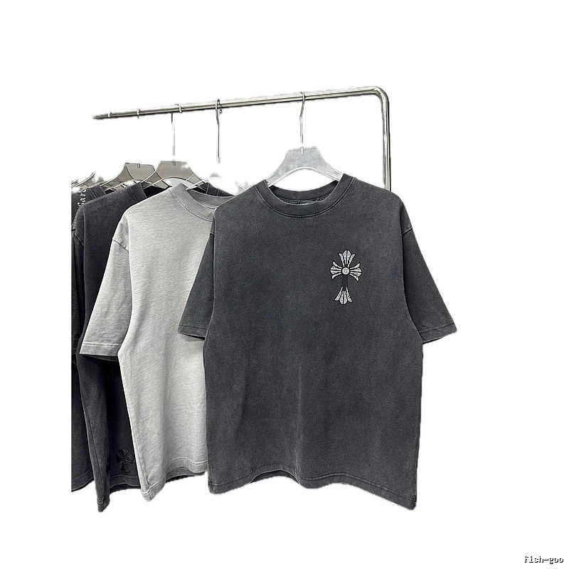 Chrome Hearts Hot-Fix Rhinestone Cross High-Street Charcoal Grey Short-Sleeved T-Shirt