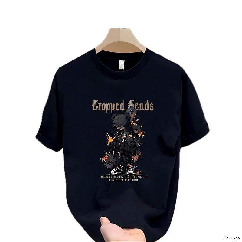 Cropped Skate Bear Street Style Navy Short Sleeve T-Shirt