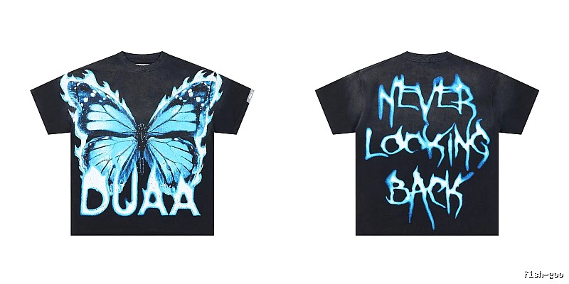 DUAA Butterfly Print Street Style Black and Blue Short-sleeved T-shirt