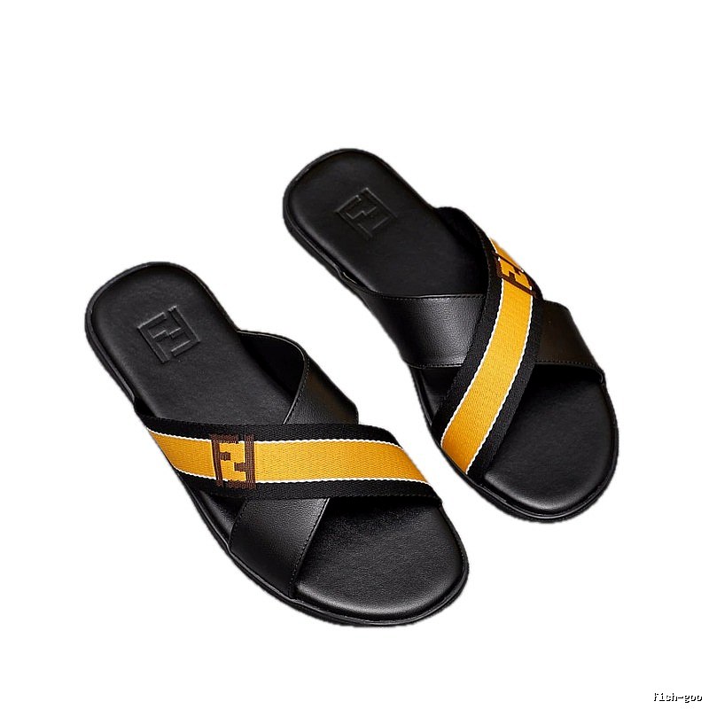 Fendi Double F Series Light Luxury Style Black and Yellow Slippers