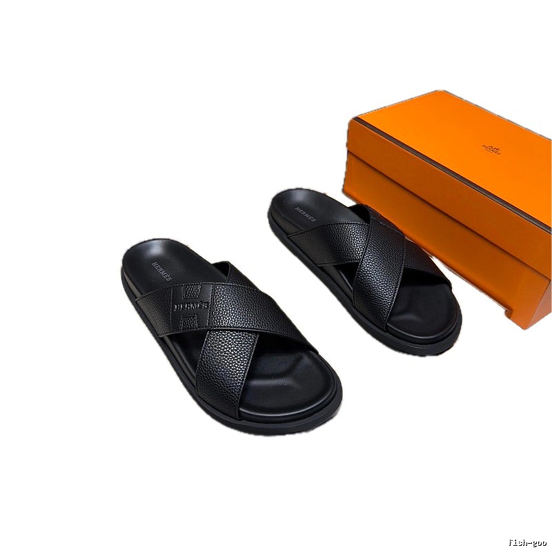 Hermès Cross-Strap Light Luxury Style Black Slide Sandals