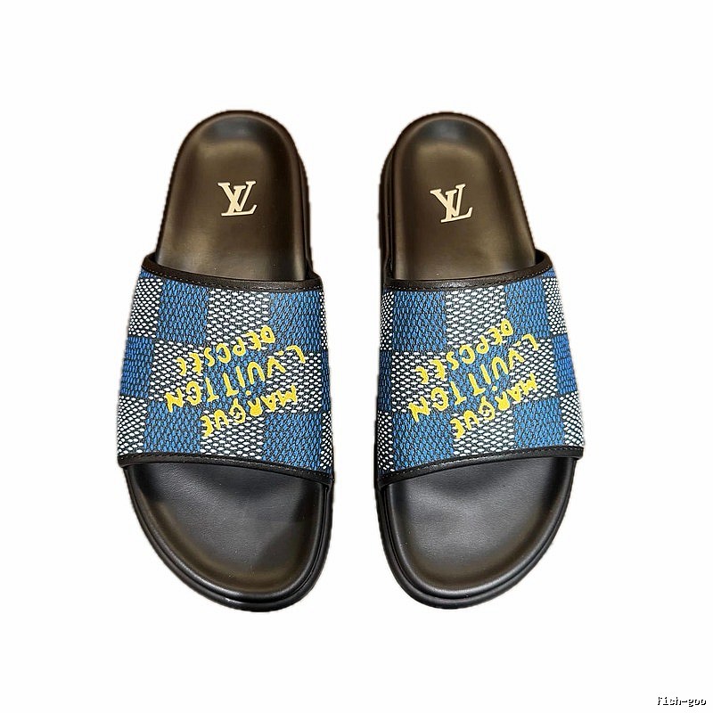 Louis Vuitton Checkerboard Graffiti Style Blue and Black Slides
