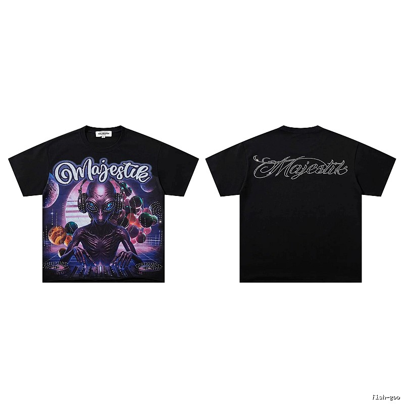 MAJESTIK Alien Print Street Style Black T-Shirt