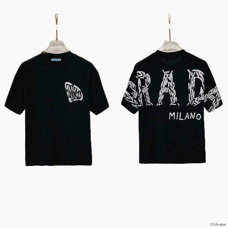 Prada Embroidered Streetwear Style Black Short-sleeve T-shirt
