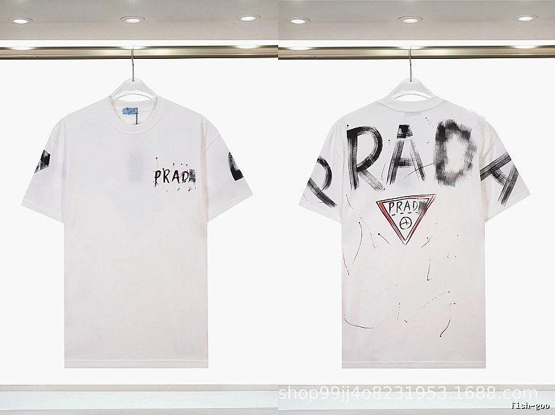 Prada Triangle Logo Graffiti Street Style White Short-sleeve T-shirt