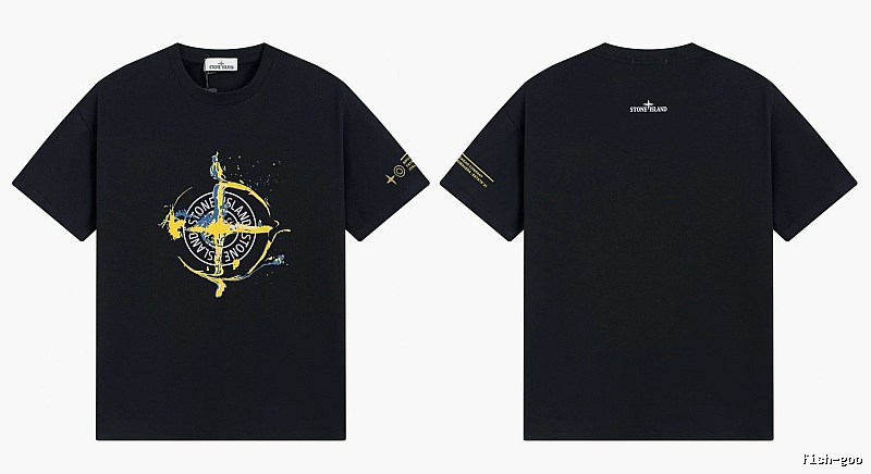 Stone Island Ink-splattered Street Style Black Short-sleeve T-shirt