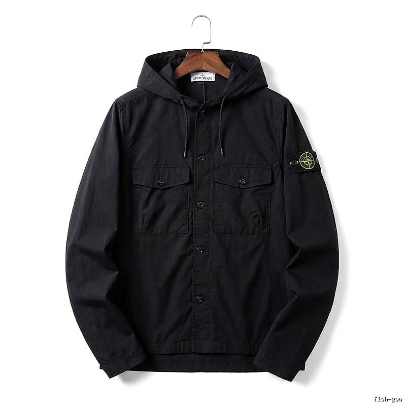 Stone Island Workwear Style Black Hooded Coat