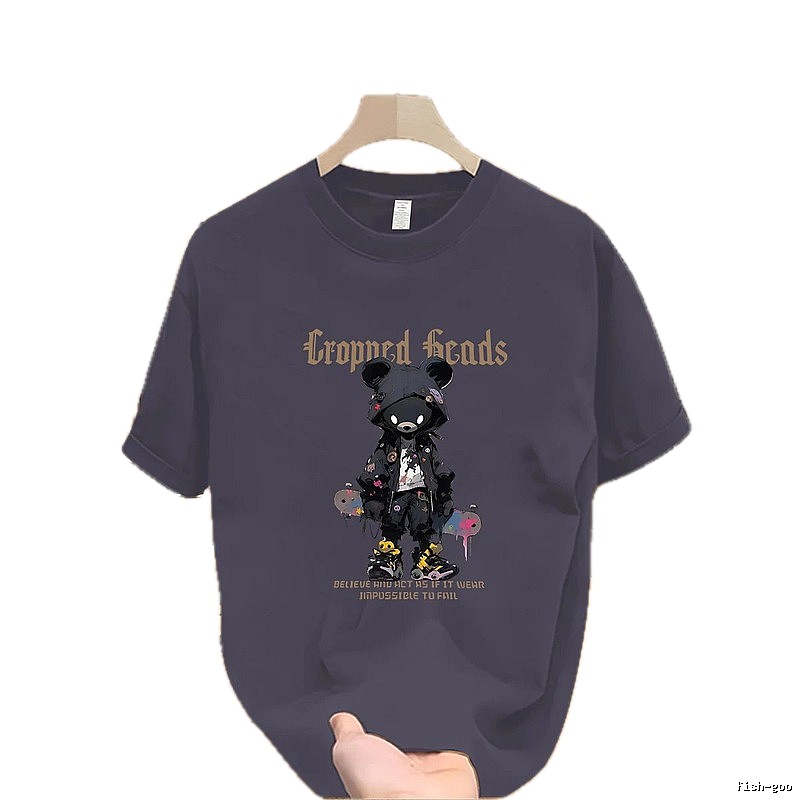 Streetwear Brand Dark Grey Street-style Short Sleeve T-shirt with Bear Print