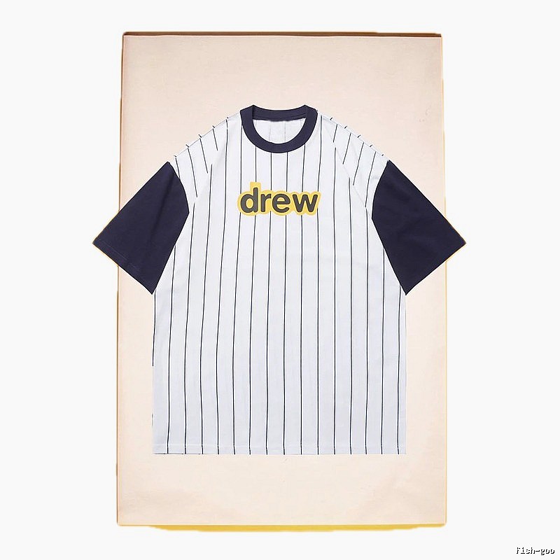 DREW Letter Print Street Style White and Navy Blue Short Sleeve T-Shirt